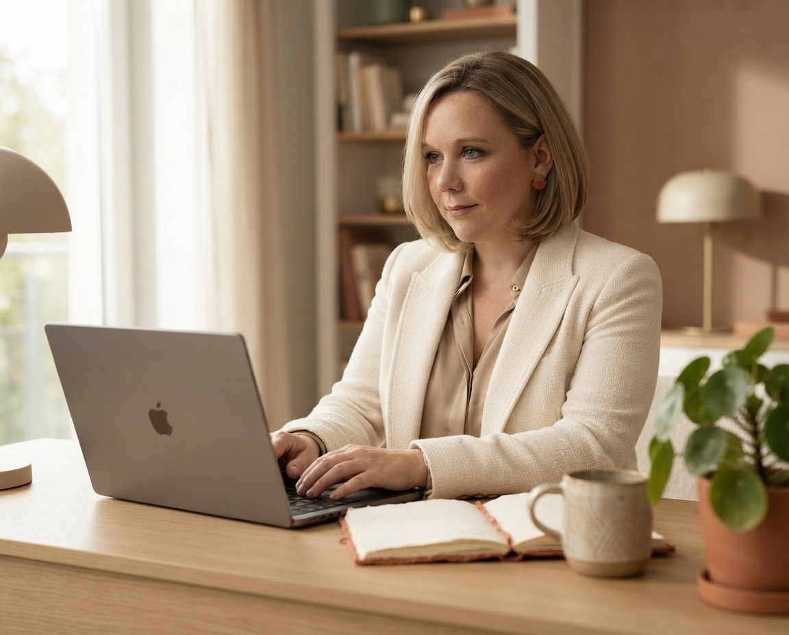 Frau arbeitet konzentriert am Laptop in hellem, modernem Büro