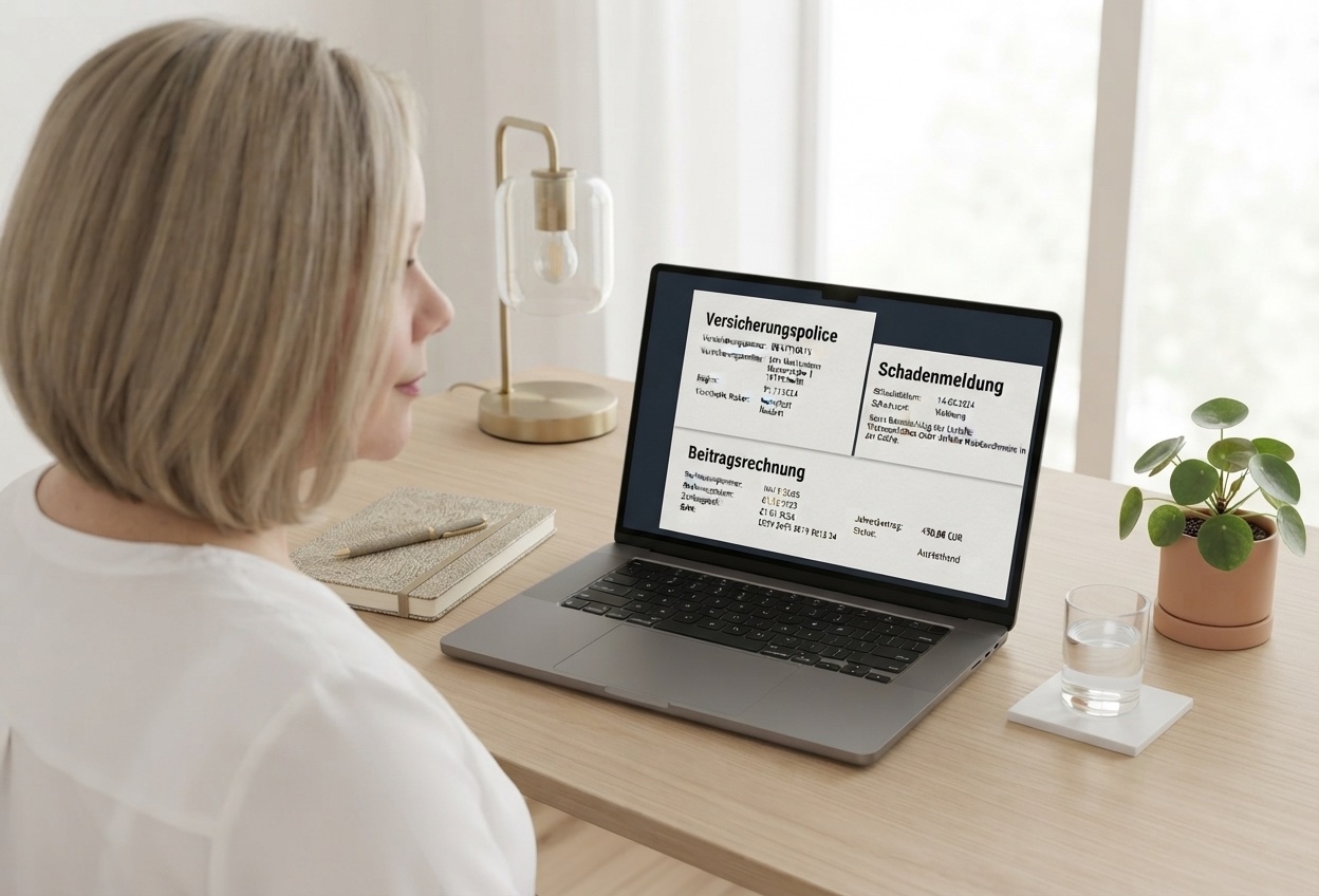 Versicherungsunterlagen wie Police und Schadenmeldung am Laptop-Bildschirm